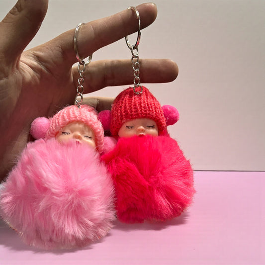 Sleeping Baby Doll Pom-Pom Keychain with Woolen Cap – Soft Fur Cute Bag Charm( pack of 12)
