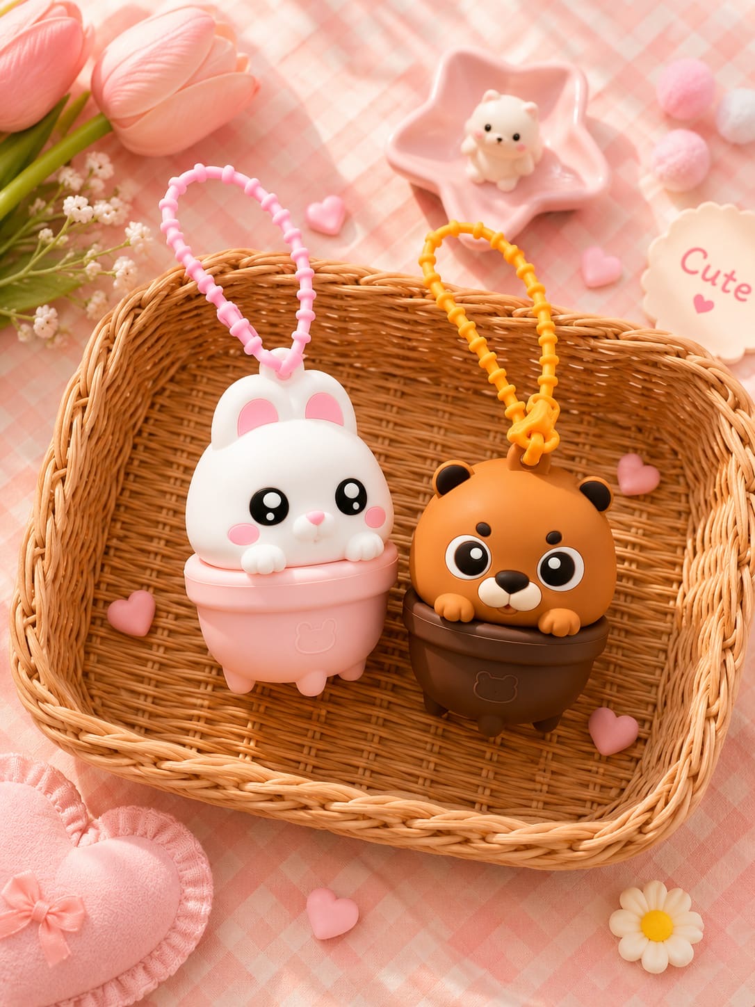 Cute Water Spray Bunny & Bear Silicone Keychain | Kawaii Mist Spray Bag Charm(pack of 12)
