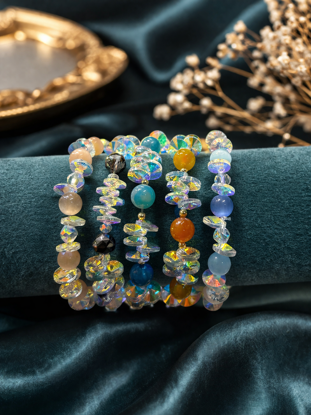 Premium Anti-Tarnish Crystal Beaded Bracelet Set | Luxury Adjustable Korean Style Bracelets Combo( pack of 6)