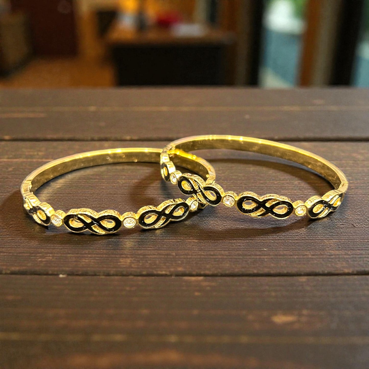 Black Enamel Infinity Design Openable Bangles with Crystal Accents anti tarnish ( pack of 3)