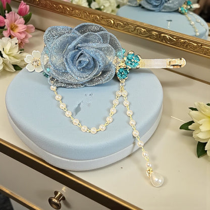 Elegant Organza Rose Hair Clip with Pearl Chain | Luxury Floral Hair Accessory for Women( pack of 6)