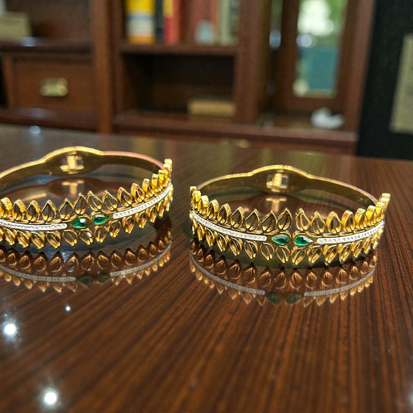 Leaf Motif Openable Bangles with Green Stone & Crystal Detailing anti tarnish ( pack of 3)