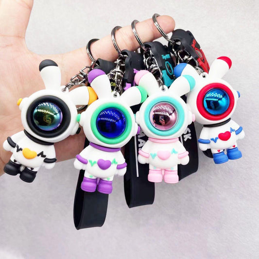 Cute Astronaut Bunny Keychain with Strap | Soft Rubber Space Rabbit Key Ring ( pack of 12)
