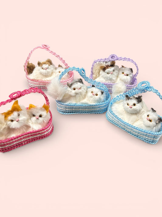 Cute Fluffy Cat Basket Miniature – Decorative Toy Set tune + lighting ( pack of 6)
