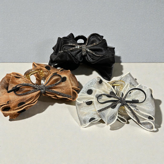 Polka Dot Organza Korean Bow Hair Clutcher with Rhinestone Tie – Designer Hair Clip( pack of 12)
