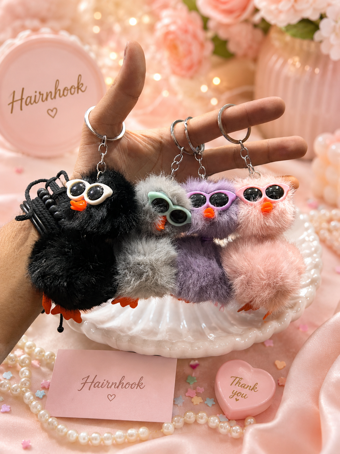 Cute Fluffy Bird Sunglasses Keychain | Kawaii Pom Pom Bag Charm | Soft Plush Key Ring(pack of 12)