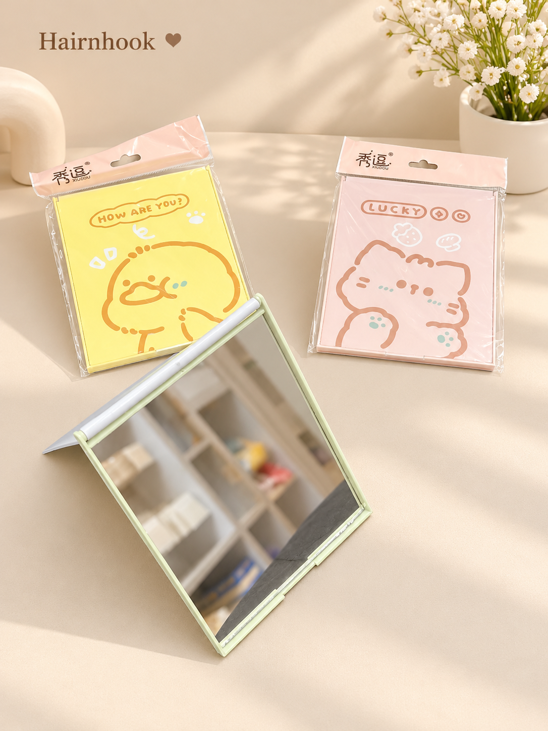 Cute Cartoon Tabletop Makeup Mirror – Foldable Stand Mirror(pack of 12)