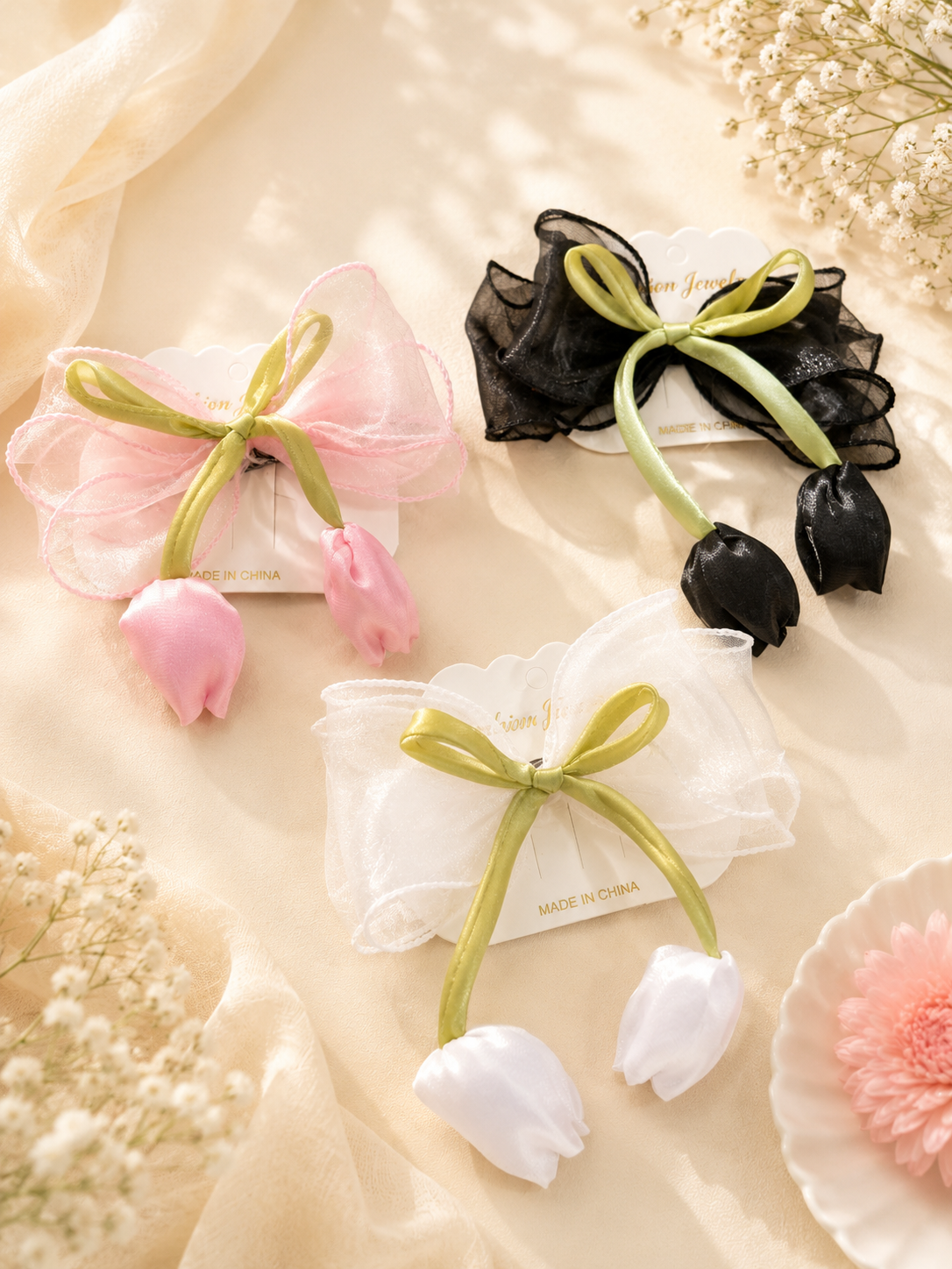 Korean Tulip Bow Hair Clip for Girls | Elegant Organza Floral Hair Bow(pack of 12)