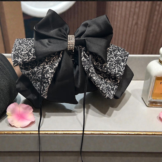 Elegant Black & White Floral Korean Bow Hair Clip with Rhinestone Center
(Pack of 12)
