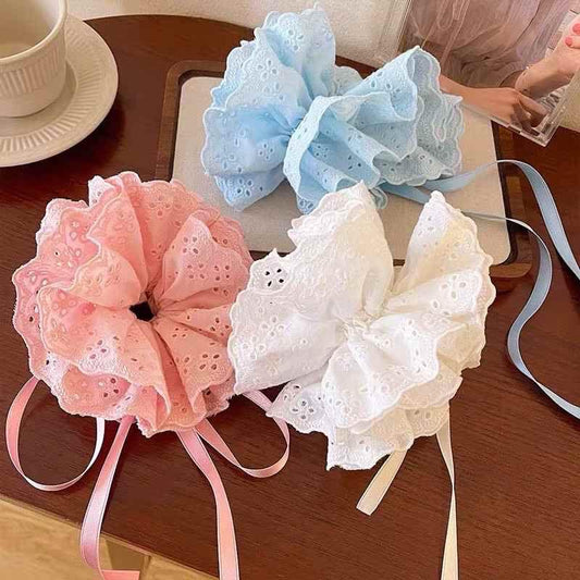 Lace Bow Hair Scrunchie with Ribbon | Korean-Style Floral Hair Tie for Girls & Women( pack of 12)