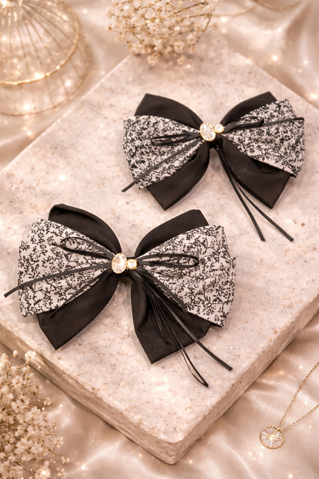 Korean Dual-Tone Lace Bow Hair Clips with Crystal Accent(pack of 10)