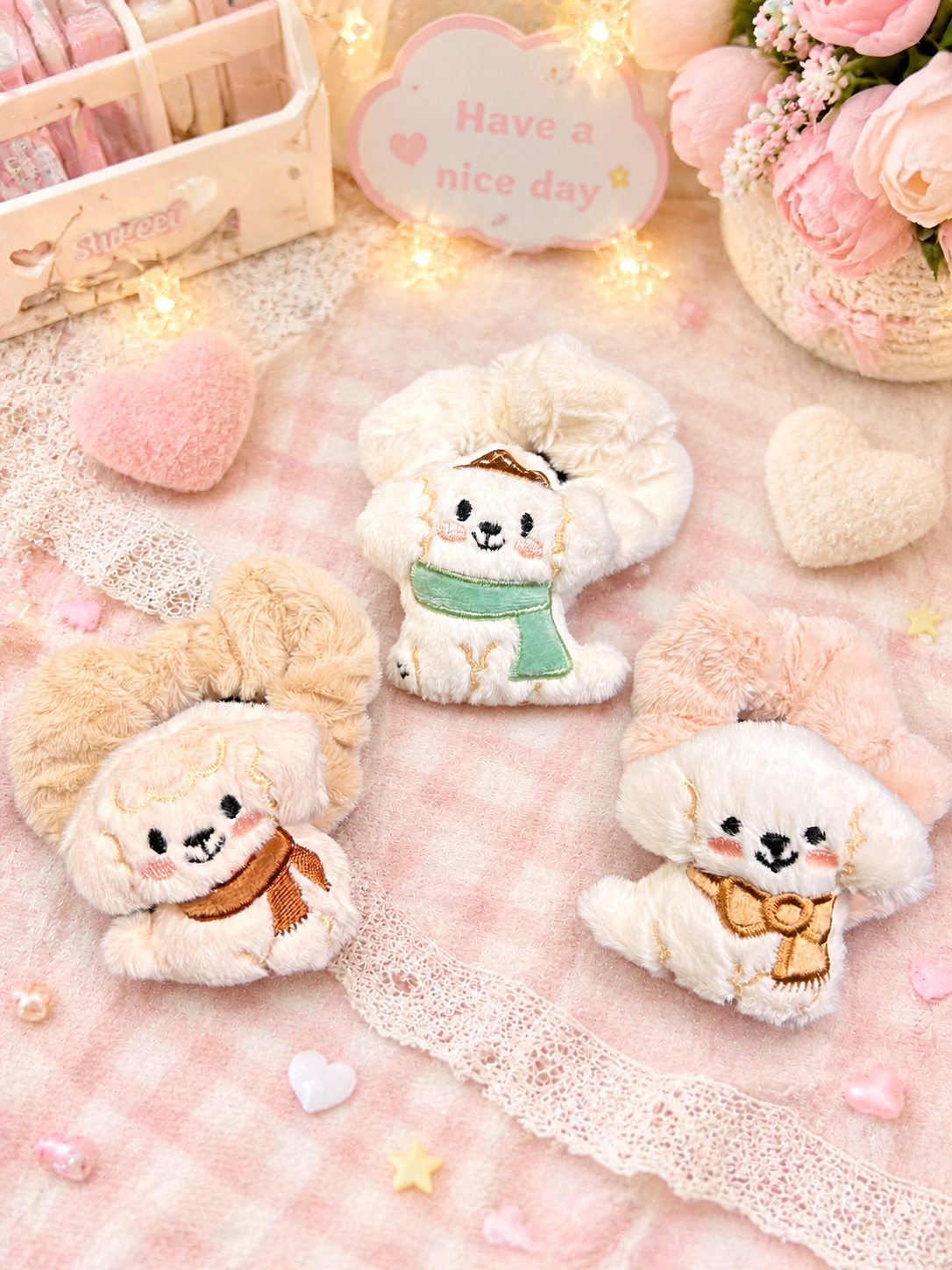 Kawaii Puppy Plush Scrunchies for Girls(pack of 12)