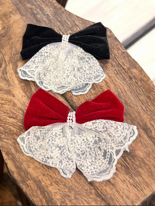 Velvet Bow Lace Hair Clip with Pearl – Elegant Korean Vintage Hair Accessory for Women & Girls ( pack of 10)