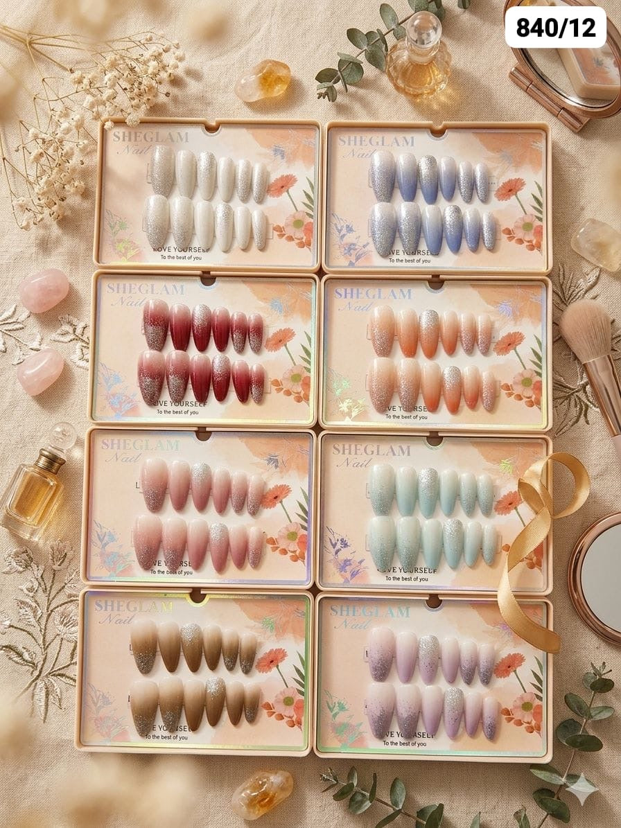 Premium Press-On Nails Set – Glossy Glitter Ombre False Nails (pack of 12 sets)