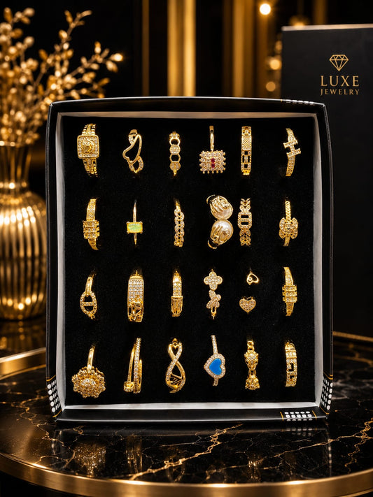 Premium Gold-Plated Adjustable Ring Set – 24 Luxury Statement Designs | Korean Fashion Jewelry Collection(pack of 24)