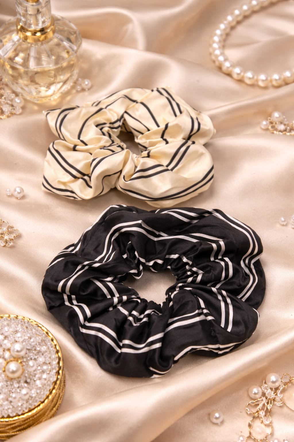 Korean Satin Stripe Scrunchie Set – Premium Silk Feel Hair Ties for Women & Girls(pack of 12)