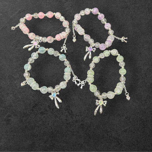 Elegant Bow Charm Crystal Beaded Bracelet | Pastel Glass Beads | Adjustable Fashion Jewelry( pack of 12)