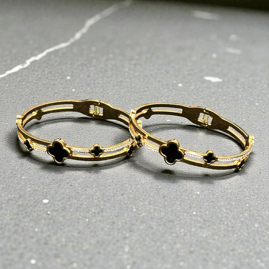 Anti-Tarnish Gold-Tone Clover Charm Kada Bangles with Black Enamel Accents ( pack of 3)