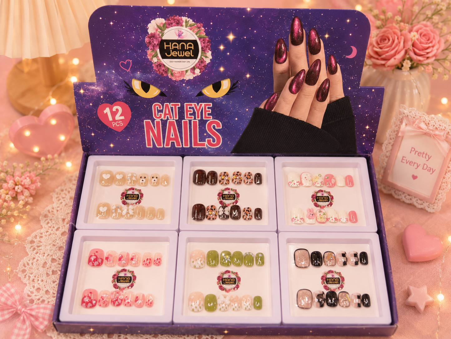 ✨ Hana Jewel Cat Eye Press-On Nails ✨( pack of 12 set)