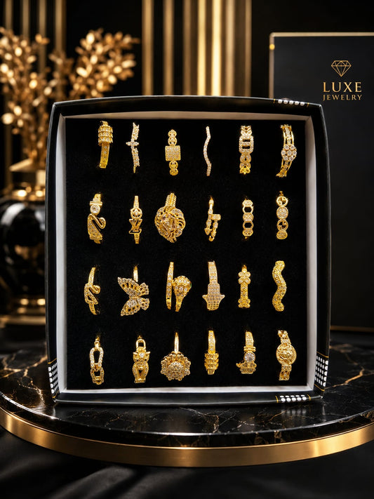Premium Gold-Plated Adjustable Ring Set – 24 Luxury Statement Designs | Korean Fashion Jewelry Collection(pack of 24)