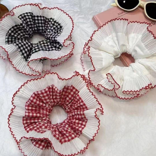 Ruffle Lace Hair Scrunchies Set | Vintage Checkered Elastic Hair Bands for Girls & Women( pack of 12)