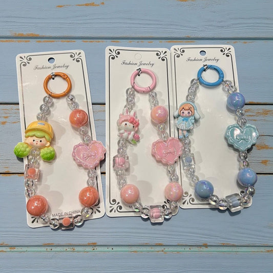 Cute Cartoon Doll Phone Charm – Aesthetic Crystal Beaded Mobile Strap for Girls( pack of 12)