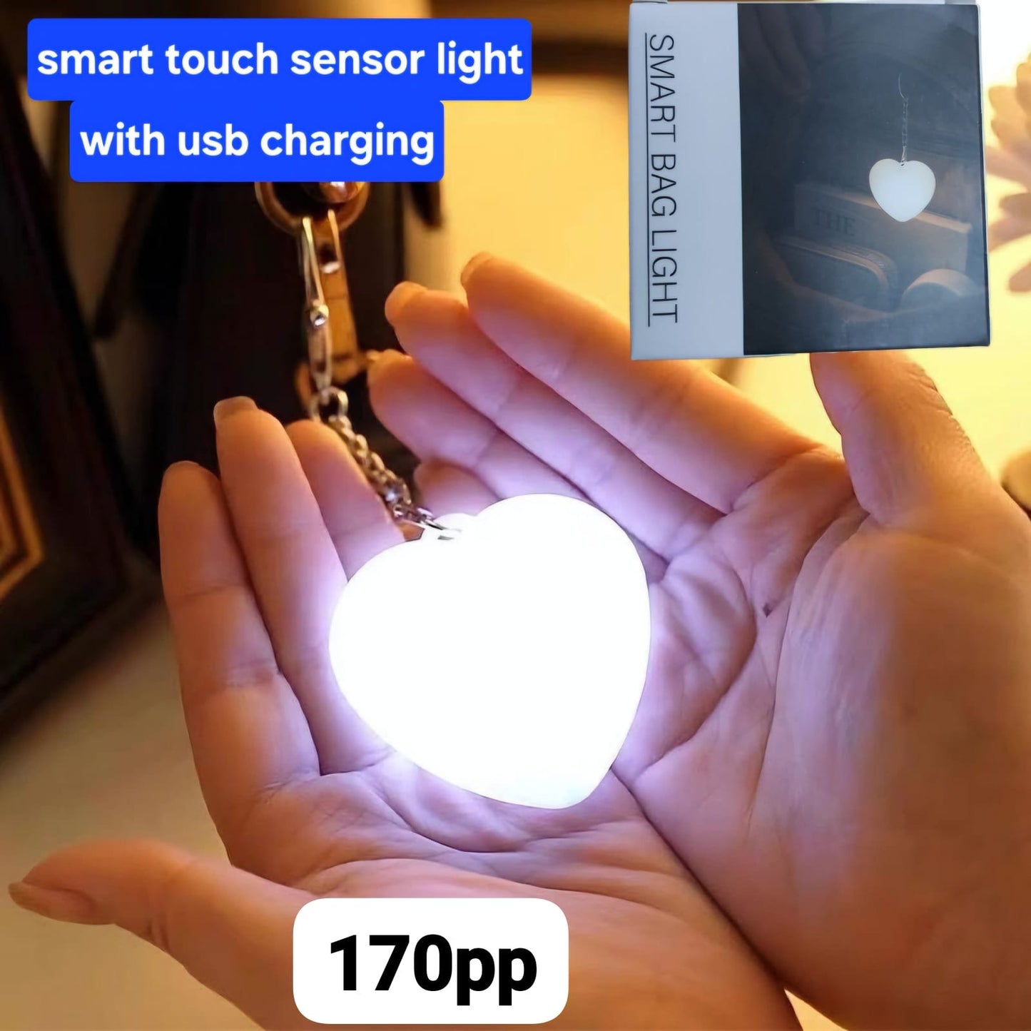 USB Rechargeable Smart Touch Heart Bag Light Keychain( pack of 3) cloud design
