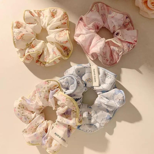 Handmade Floral Hair Scrunchies | Soft Cotton Elastic Hair Ties for Girls & Women( pack of 12)