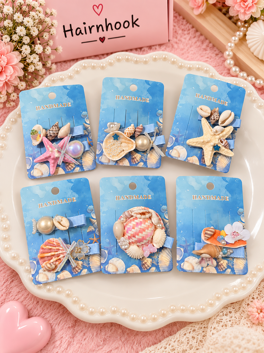 Cute Seashell & Starfish Hair Clips for Girls | Handmade Ocean Theme Hair Accessories – Wholesale(pack of 12)