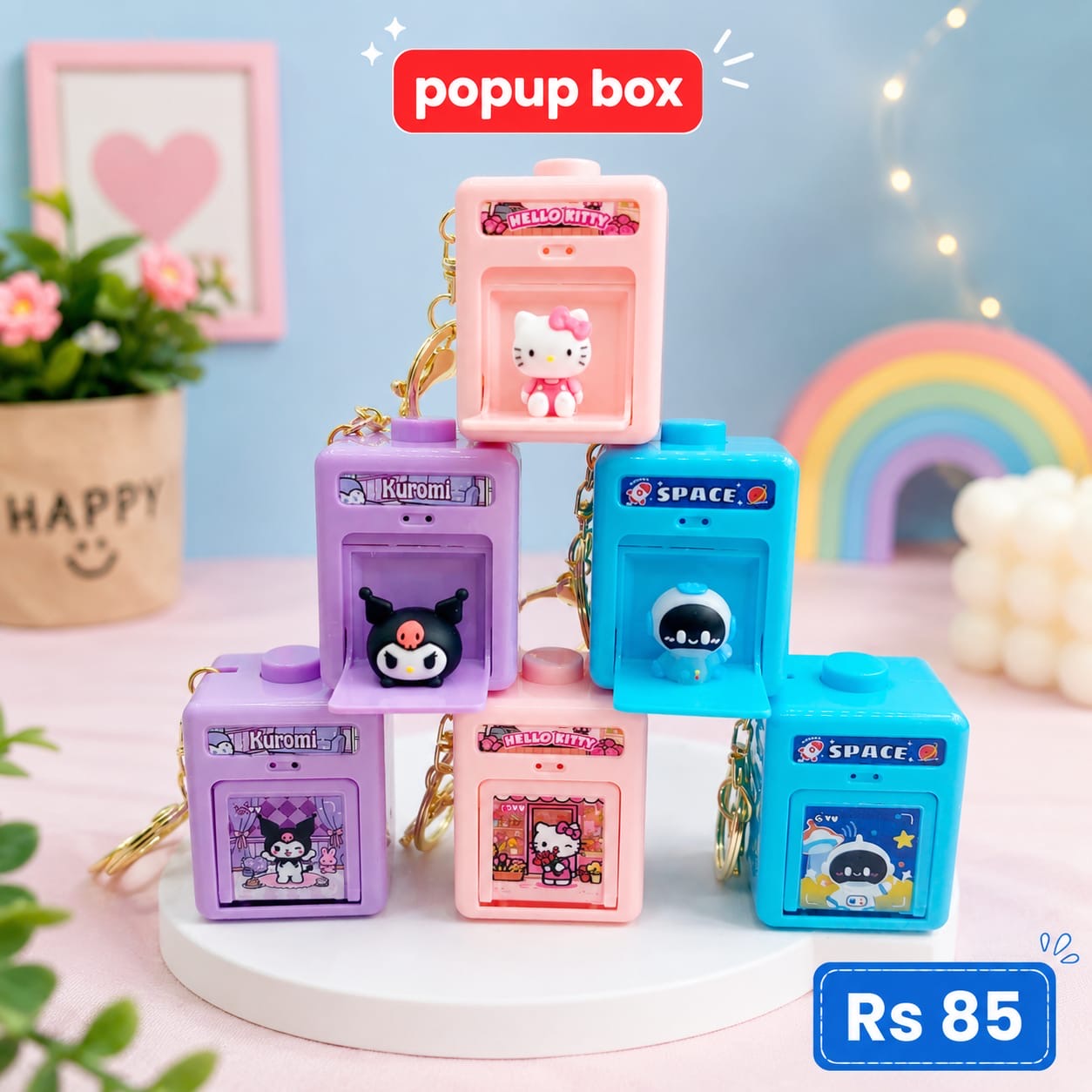 Cute Pop-Up Box Character Keychain | Korean Kawaii Bag Charm | Premium Cartoon Keyring(pack of 12)