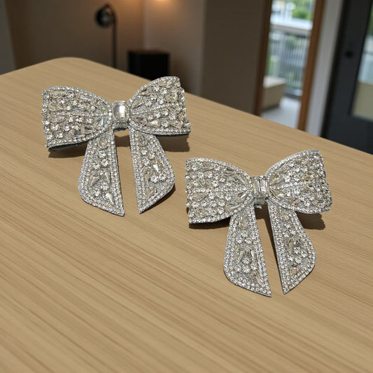 Luxury Silver Crystal Bow Hair Clips – Premium Rhinestone Bow Barrettes for Women & Girls ( pack of 3)
