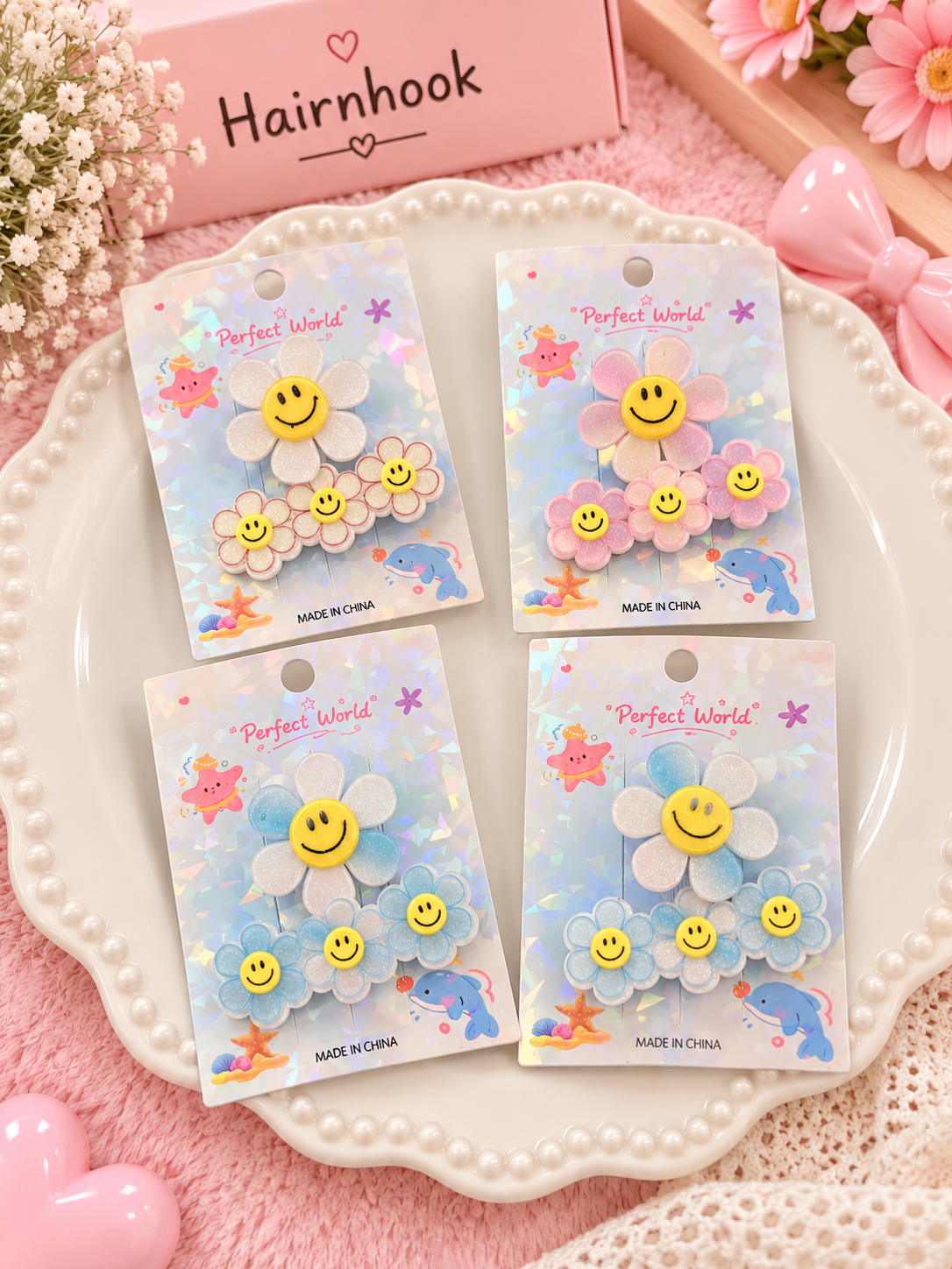 Cute Smiley Flower Hair Clips Set – Pastel Daisy Floral Hair Accessories( pack of 12)