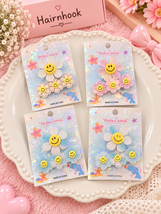 Cute Smiley Flower Hair Clips Set – Pastel Daisy Floral Hair Accessories( pack of 12)