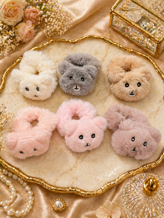 Cute Teddy Fur Scrunchies – Soft Plush Hair Ties ( pack of 12)