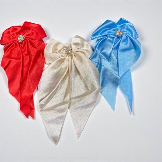 Satin Long Bow Hair Clips with Crystal Center – Premium Party Collection( pack of 12)