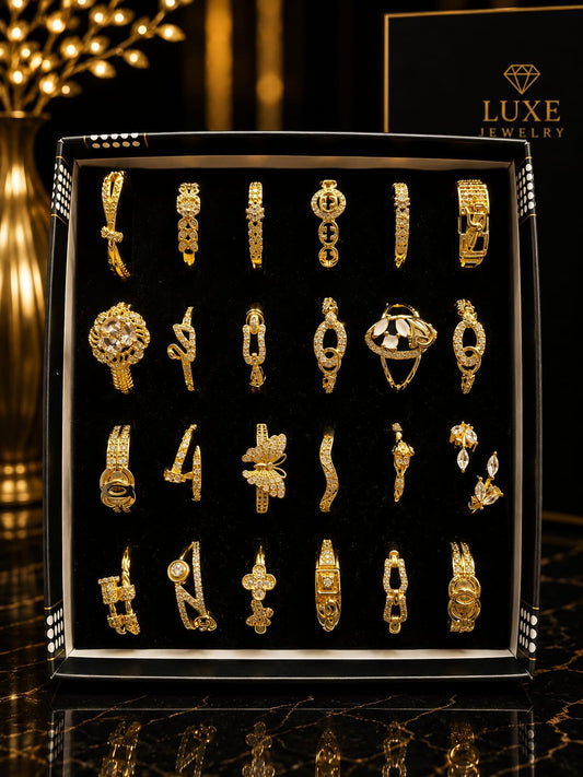 Premium Gold-Plated Adjustable Ring Set – 24 Luxury Statement Designs | Korean Fashion Jewelry Collection(pack of 24)