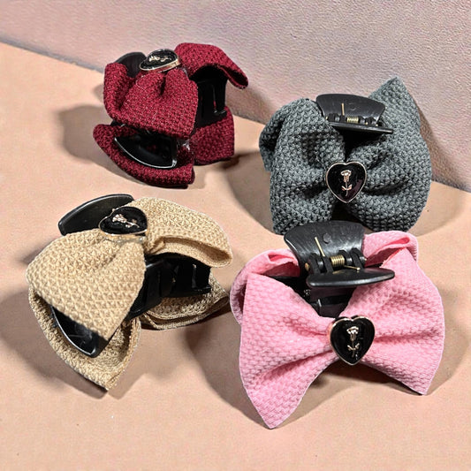 Fabric Bow Hair Claw Clip with Heart Accent | Soft Texture Strong Grip Hair Clip for Women
( pack of 12)