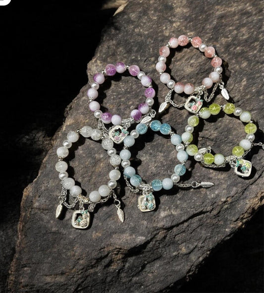 Elegant Crystal Beaded Charm Bracelet Set | Pastel Stone Finish | Adjustable Fit( pack of 12)