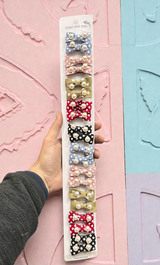 Polka Dot Bow Hair Clips with Pearls for Girls | Elegant Fabric Snap Clips (pack of 10)
