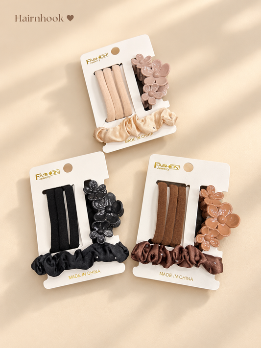 Korean Flower Hair Accessories Combo Set – Scrunchies, Hair Ties & Floral Clutcher(pack of 12 sets)