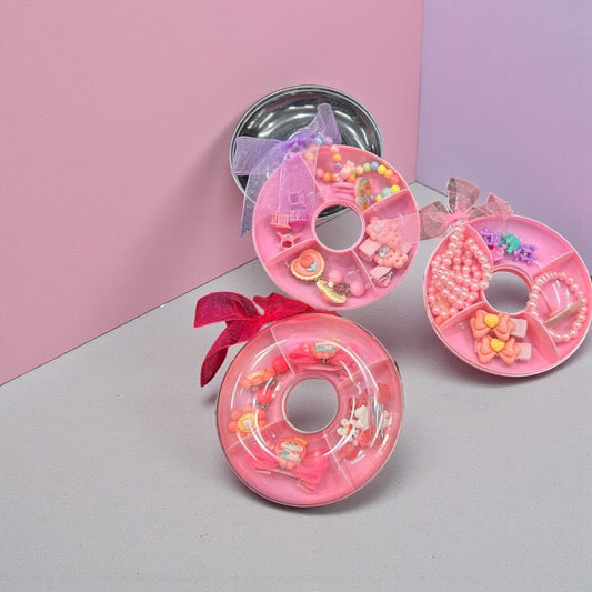 Donut Shape Kids Hair Accessories Box | Cute Hair Clips, Beads & Rubber Storage Organizer( pack of 12)