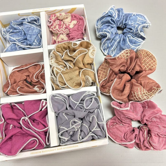 Premium Textured Fabric Hair Scruncher Set – Lace Trim & Soft Pastel Shades (pack of 12)