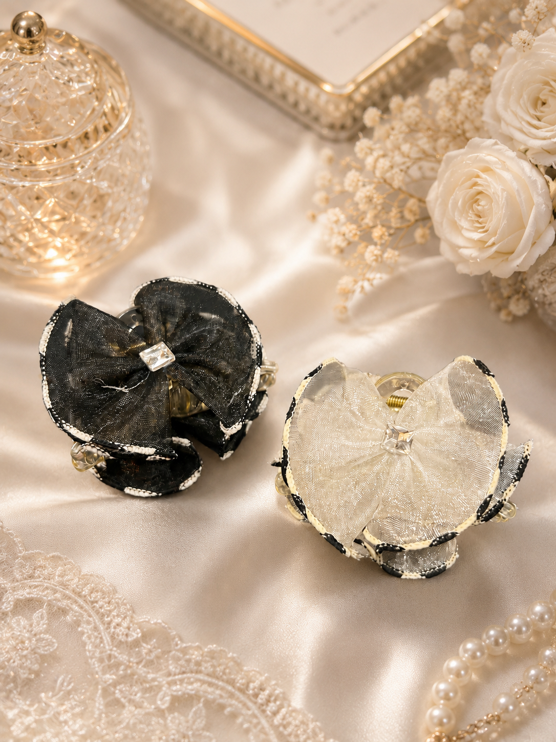 Premium Organza Bow Mini Clutcher Hair Clips – Elegant Lace Bow Hair Accessories ( pack of 12)