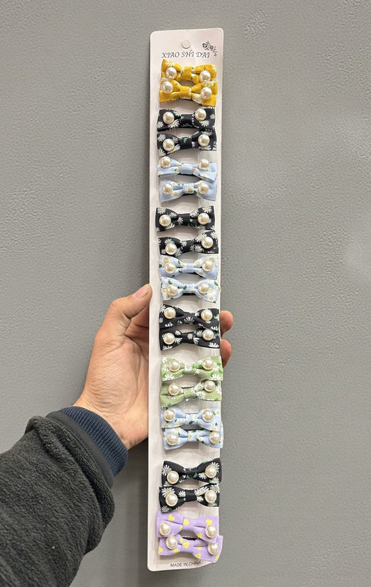 Elegant Pearl Bow Hair Clips for Girls | Floral Fabric Snap Clips( pack of 10)