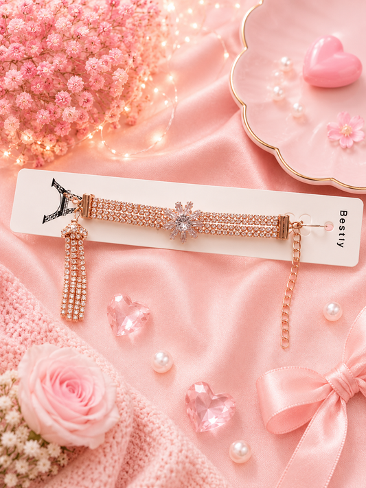 Luxury Snowflake AD Stone Bracelet for Women & Girls – Rose Gold Tassel Crystal Bracelet(pack of 6)