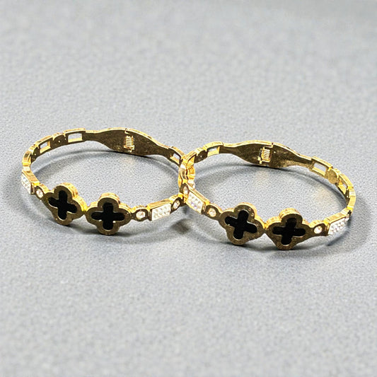 Anti-Tarnish Gold-Tone Black Clover Kada Bangles with Crystal Accents ( pack of 3)