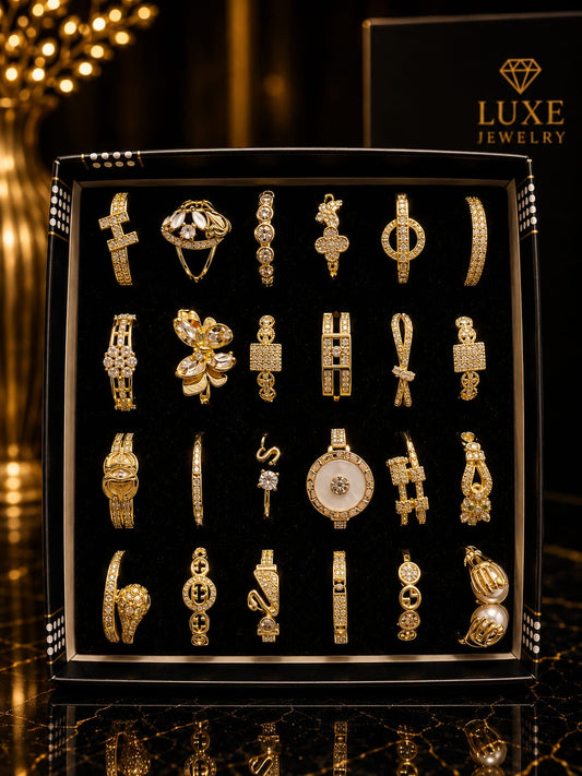 Premium Gold-Plated Adjustable Ring Set – 24 Luxury Statement Designs | Korean Fashion Jewelry Collection(pack of 24)