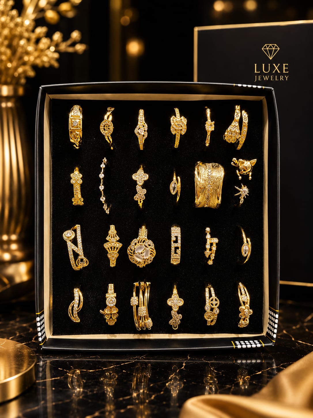 Premium Gold-Plated Adjustable Ring Set – 24 Luxury Statement Designs | Korean Fashion Jewelry Collection(pack of 24)