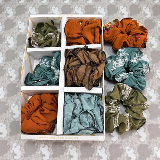 Premium Embroidered Fabric Scrunchies Set | Handcrafted Hair Accessories( pack of 12)