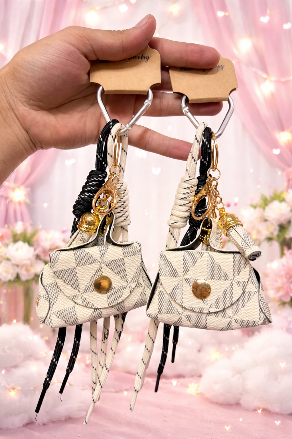 Premium Textured Mini Handbag Keychain with Rope Strap & Gold Charm( pack of 3)